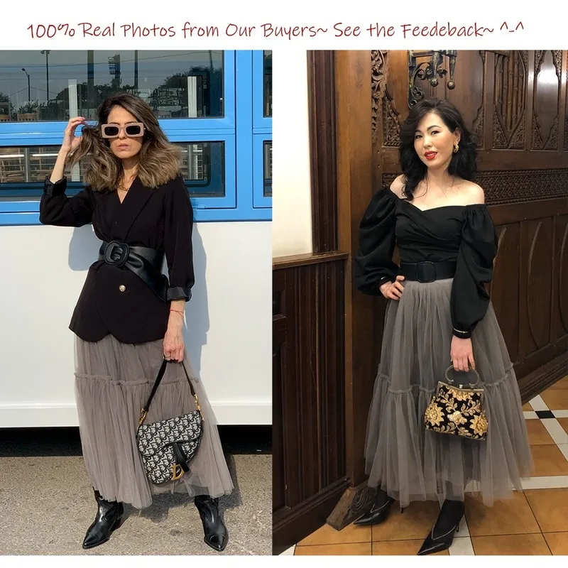 Treutoyeu Vintage Gothic Zwart Wit Geplooide Lange Tule Rok Tutu Femme Hoge Taille Runway Zachte Mesh Rokken Jupe 220224