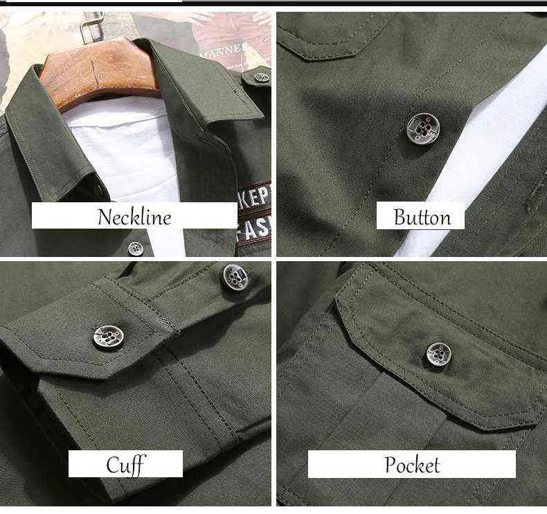 WBDDT Herrenhemden Baumwolle Militärhemd Khaki Casual Slim Fit mit Tasche Langarm Vintage Jacke Streetwear Drop Shipping G0105