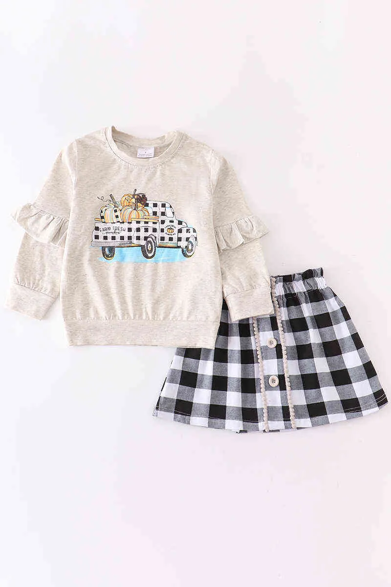 Girlymax Fall/Winter Baby Girls Cotton Ruffles Plaid Gingham Skirt Boutique Long Sleeve Truck Pumpkin Top Kids Clothing G1218