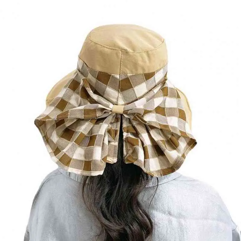 Mode Vrouwen Emmer Hoed UV-bescherming Dubbele Side Plaid Bow Superlarge Brim Vouwbare Emmer Hoed Zon Cap Outdoor G220311