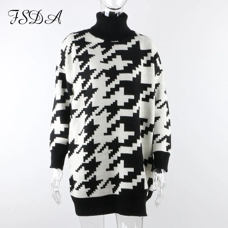 FSDA Long Sleeve Autumn Winter Oversized Sweater Dress Women Turtleneck Black Casual Knit Mini Houndstooth Sexy Party Dresses Y0118