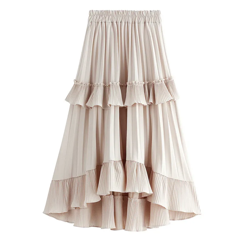 Black Beige Fashion Korean Ruffle Midi Long A-line Skirt Women Casual Spring Summer High Waist Irregular All-match Skirts Female 210331