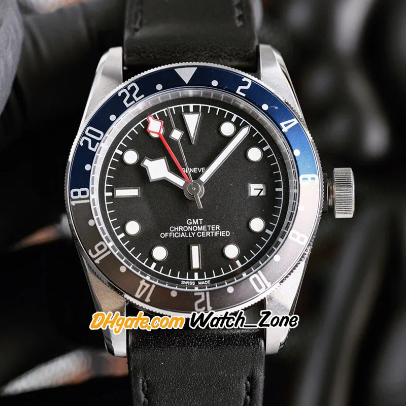 42-мм дата GMT Black Dial Asian 2813 Автоматический M79830RB-0002 Мужские часы M79830RB Blue Red Bezel Стальная корпус коричневый кожаный ремешок Wat 252J