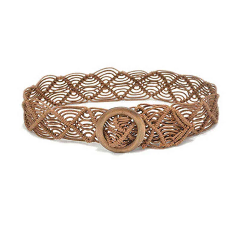 Vintage Brede Boheemse Riemen Voor Vrouwen Ronde Houten Gesp Geweven Gevlochten Touw Riem Vrouwelijke Casual Gehaakte Boho Jurk Tailleband G25537353