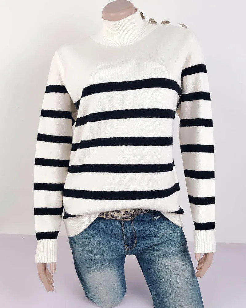 Turtleneck Malha Botão Pullovers Mulheres Outono Inverno Stripe Casual Camisola Básico Vintage Jumper Branco 210415