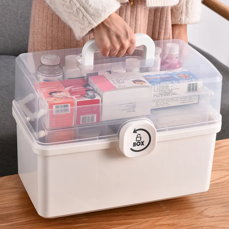 Nouvelle boîte de premiers secours vide portable, boîte de rangement de médicaments en plastique transparent à 2 plateaux pour la maison avec inserts de séparation et poignée blanche Y11136245000