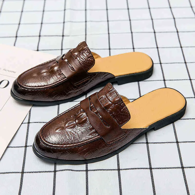 슬리퍼 Zomer Mannen Muilezels 야외 Lederen 캐주얼 Schoenen Ademend Half 슬리퍼 Krokodil Patroon 남자 Half Schoenen Man Penny Loafers 220308