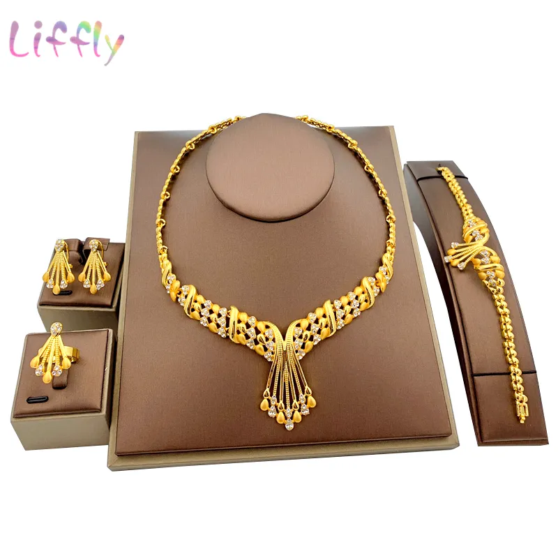 Liffly African Dubai Gold Bridal jewelry sets for Women Bracelet Earrings indian Wedding Party Crystal Ring Jewelry Sets 2009238131193233