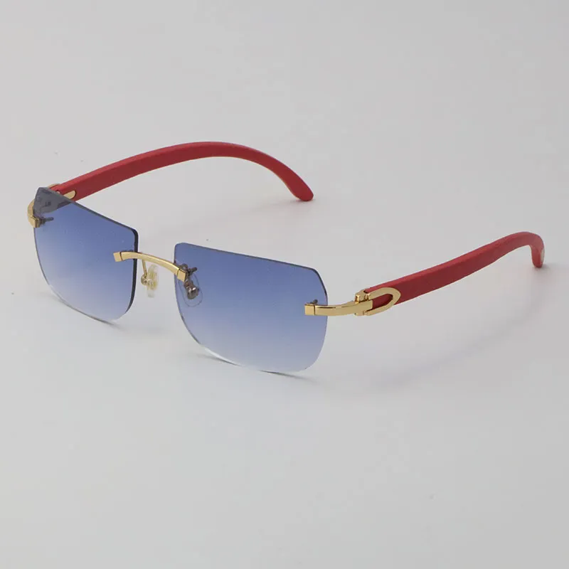 2022 Nouveau style de vente lunettes de soleil en bois rouge métal original bois bleu sans monture 18 carats or C décoration mâle et femelle lunettes de luxe294r