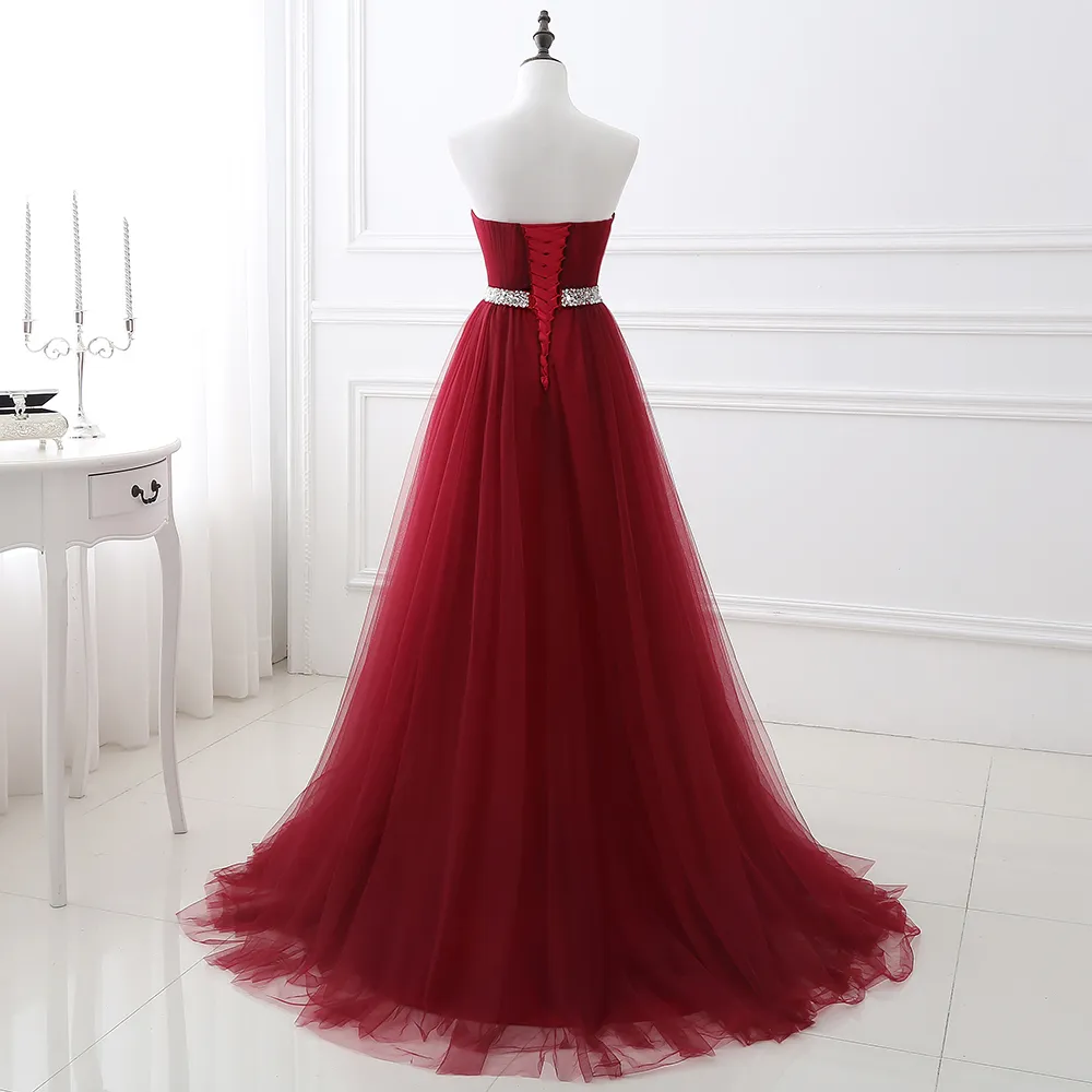 Simple 2020 mujeres vino rojo vestido de noche Formal vestidos de tul escote corazón lentejuelas con cuentas vestido de fiesta de graduación LJ201123
