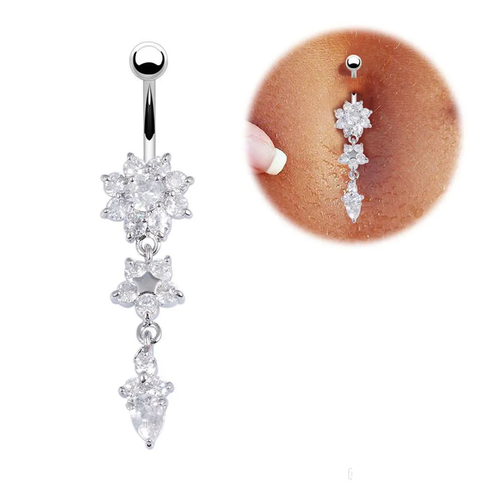 sexy dangle belly bars belly button rings belly piercing cz crystal flower body jewelry navel piercing rings drop shipping
