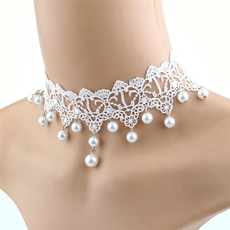 Chokers Elegant Vintage Imitation Pearl White Lace Statement Choker Necklaces Bridal Jewelry For Women Wedding Fashion275t