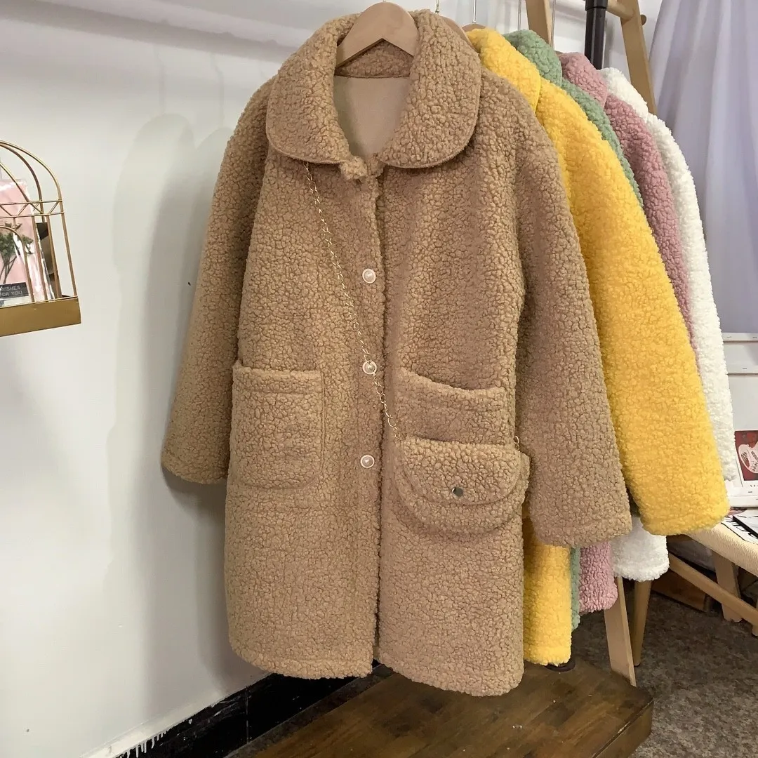 Lammwolle warme Wintermantel Frauen lange Jacken solide Umlegekragen Einreiher Taschen neue koreanische lose elegante 201103