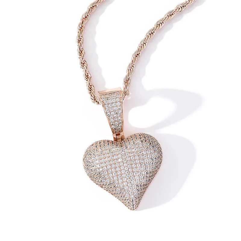 New Arrived Heart Shape Solid Back Pendant Necklace with Rope Chain Iced Out Zircon Mens Hip Hop Jewelry Gift325n