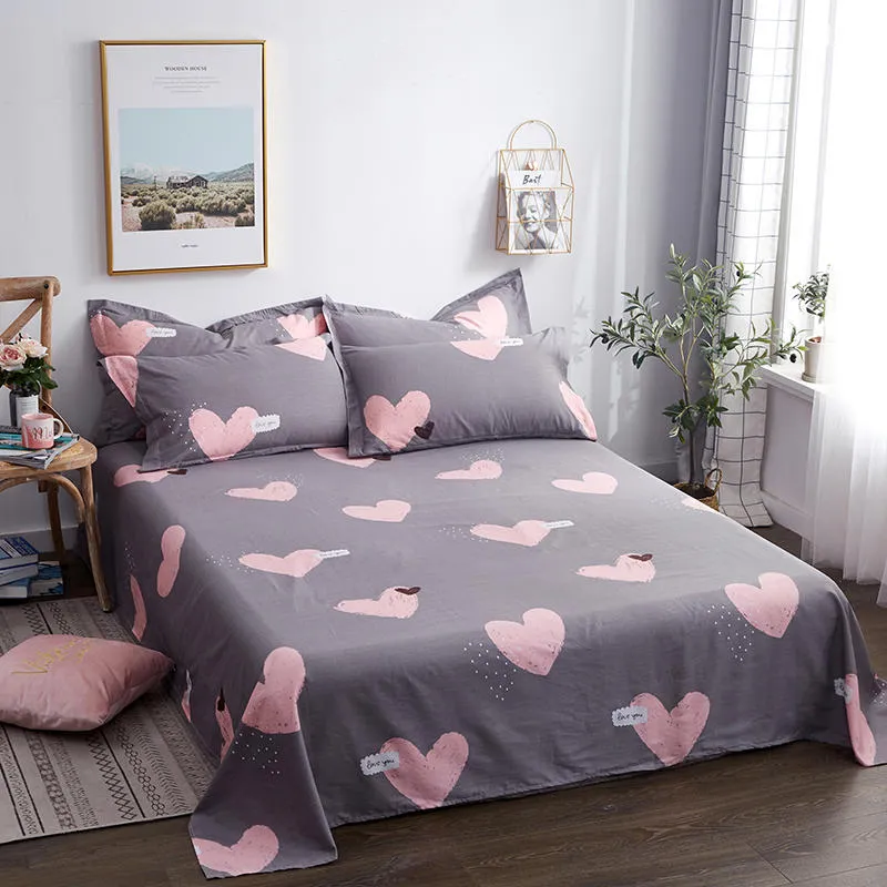 Bonenjoy 100Cotton Bed Sheet Single Size Kids Bed Linen Pure Cotton Gray Heart Printed Double Top Sheet Stars King Sheets C11850896