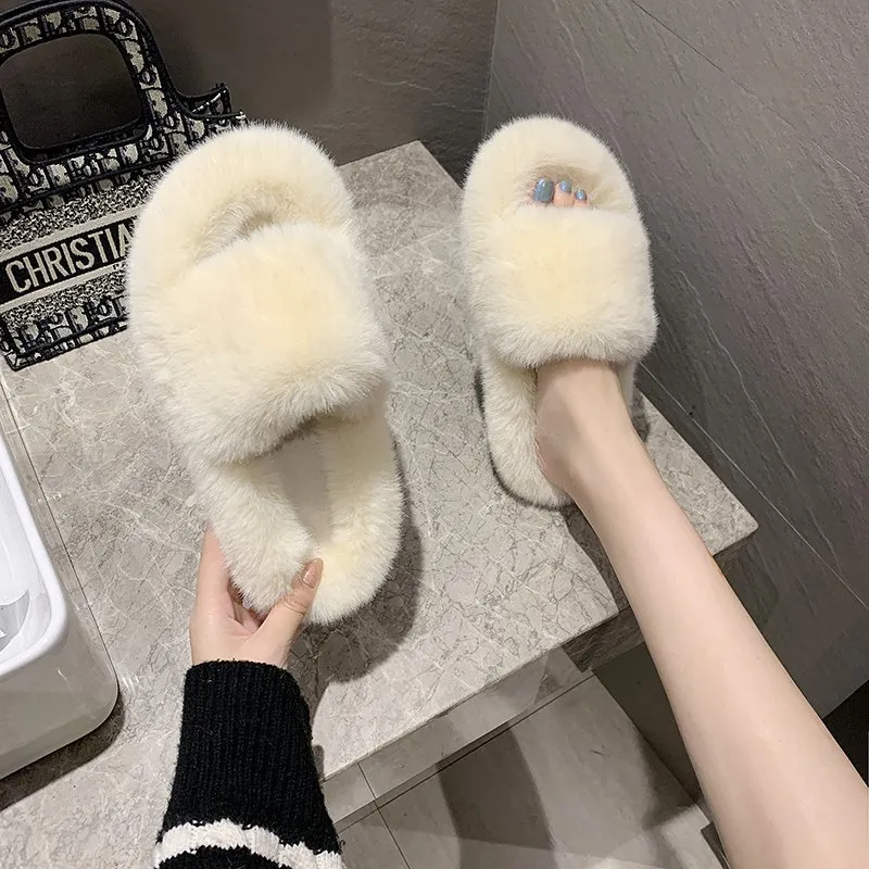 Furry Women Winter Slippers Warm Plush Indoor Slides Comfort Soft Indoor Slippers Fluffy Cute Flat Slides Sandals Plus Size X1020