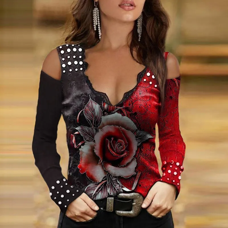 Женские сексуальные рубашки с открытыми плечами и v-образным вырезом Топы с принтом роз Y2K Женская футболка с длинными рукавами Модная повседневная свободная одежда 220224