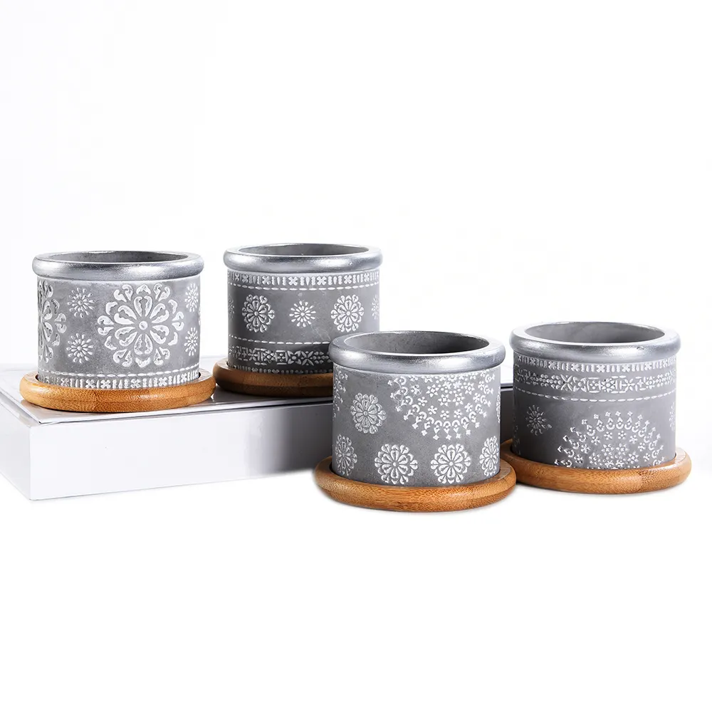 Set 4in 295 pouces de ciment succulent jardinière Potscactus Pot Pot Indoor Small Concrete Herb Boîte Herb Box Continier avec bambou Y200727764475