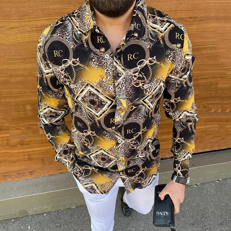Fashion Leopard Print Long Sleeve Shirts For Men Button Turn-down Collar Shirt Autumn Men's Slim Tops Casual Streetwear 220223
