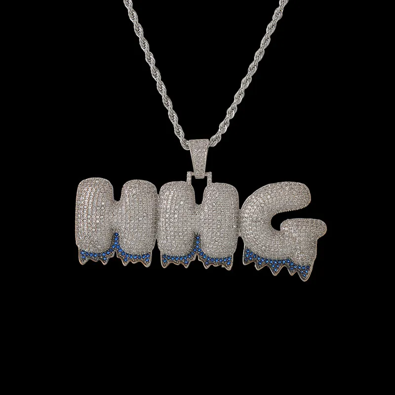 Nome personalizado letras de fundo azul colar pingente ouro prata hip hop jóias com corda chain242k