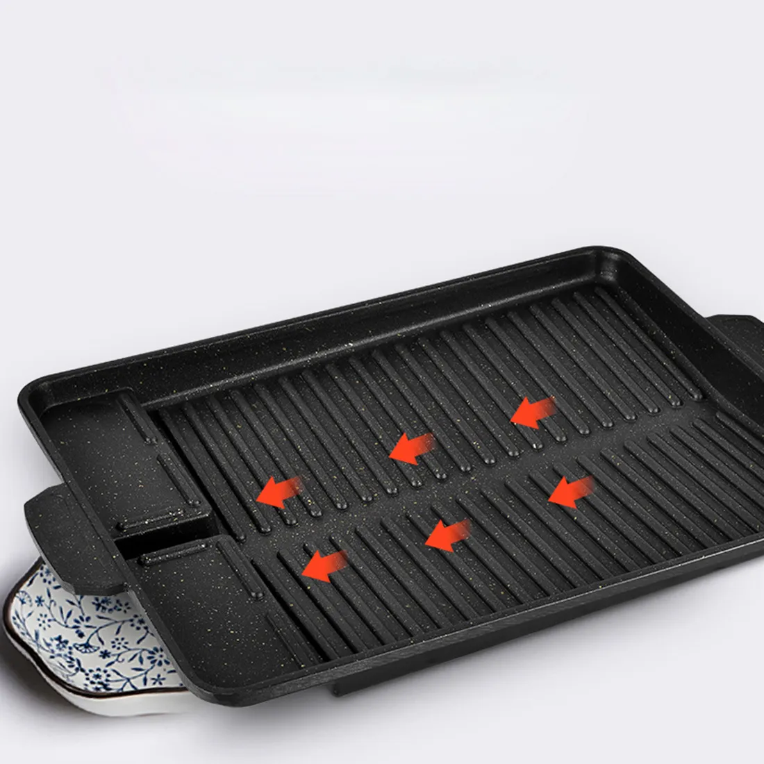 Hot 32 X 26cm Stone Barbecue Frying Grill Pan Rectangle Non-Stick Grill Cookware Korean BBQ Tray Barbecue Plate - Black T200506
