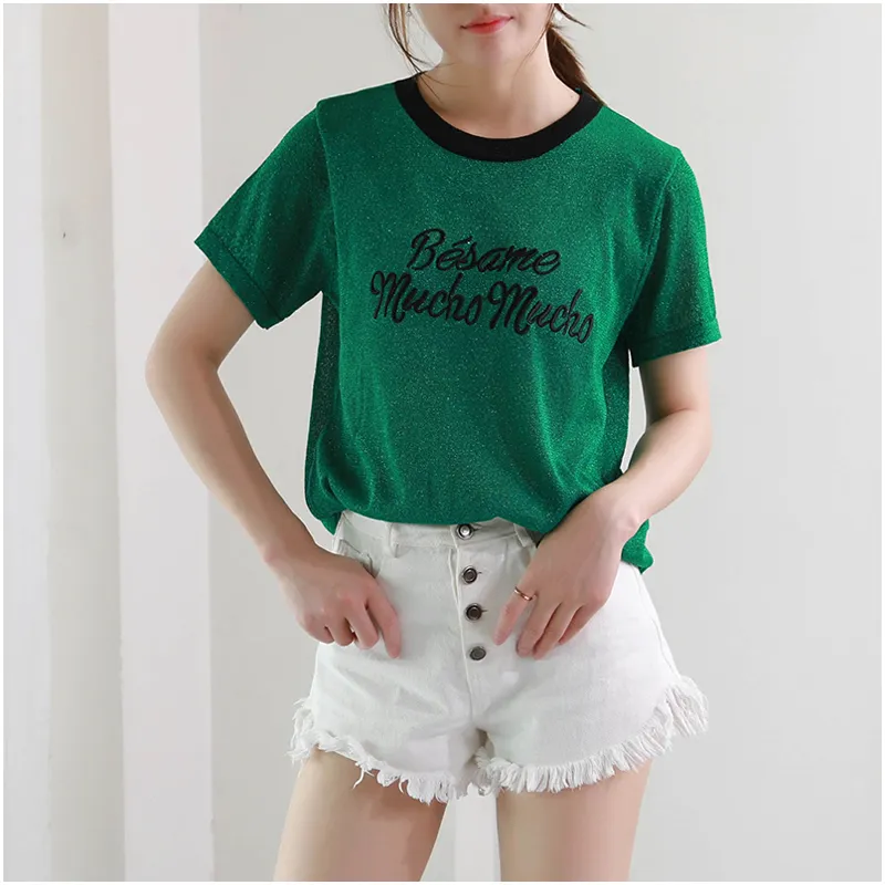 Korean söt brev tee skjorta femme hipster harajuku lurex kvinnor kläder kawaii damer kort ärm t shirt kvinnor toppar b-052 t200525