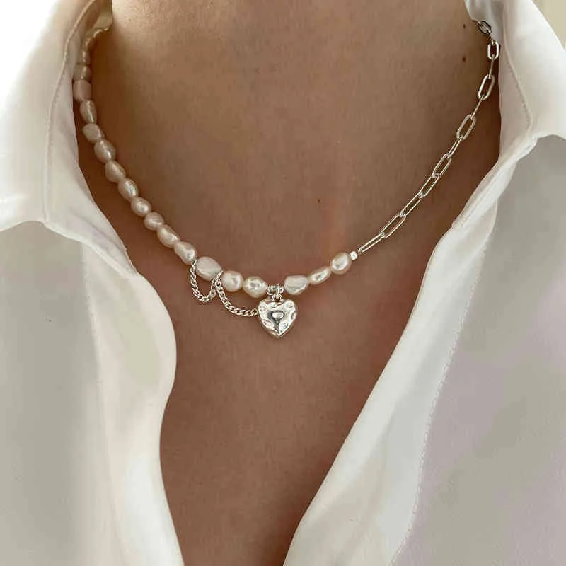 Foxanry 925 Sterling Silver Necklace for Women Trendy Elegant Asymmetry Chain Pearls Smooth Love Heart Brud Smycken Lover Gifts293s
