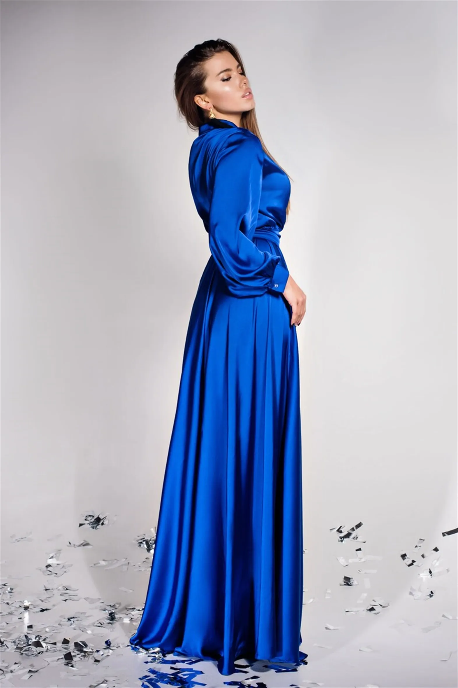 New Winter Royal Blue Silk Long Sleeve Women Sexy V Neck Kimono Pregnant Party Sleepwear Bathrobe Nightgown Wedding Robes 193q