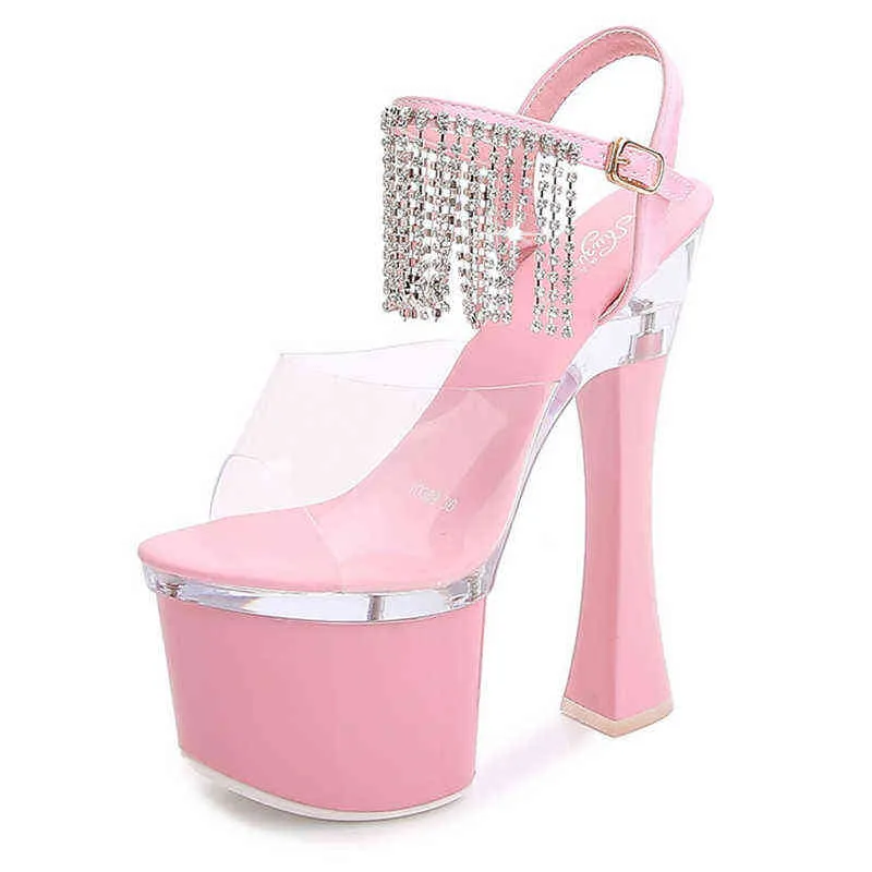 Sandaler Transparenta Super High Heels Sandaler Kvinnlig Pole Dancing Party Platform Sexy Fairy Sandals 17cm Tjock Heel Plus Size 220309