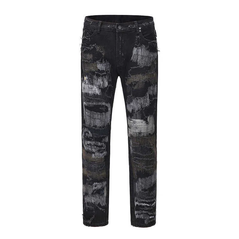 Jeans pour hommes High Street ins the même Shenniu, trou de patch d'aiguille aléatoire brodé, jean droit à jambes slim