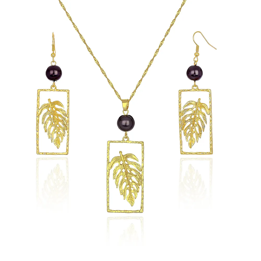 Set di gioielli di orecchini collana 14k oro foglia rotonda foglia nera perla polinesiana people fiore hawaiano set all'ingrosso le donne festa