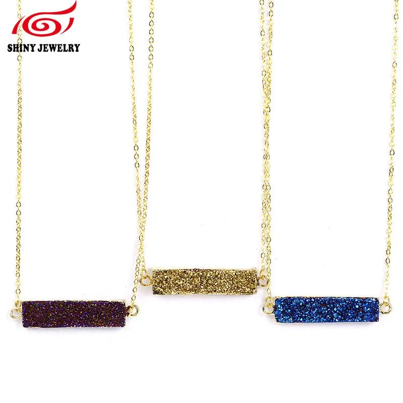 Bar Natural Stone Blue Purple Quartz Druzy Crystal Necklace Agate Rectangle Pendant Gold Plated Chain Necklace Christmas Gift1938