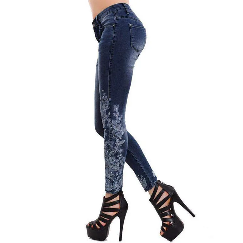 Plus Size Mulheres Bordado Longo Jeans Azul Denim Calças Lápis Skinny Cintura alta Outono com bolsos Streetwear Vaqueros Mujer LJ201013