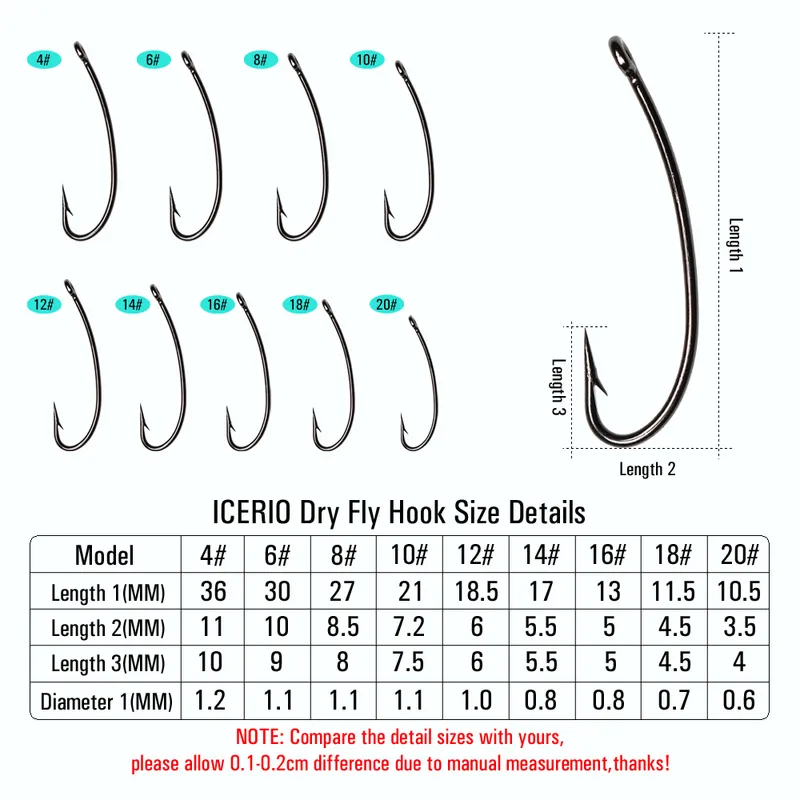 ICERIO 500 шт., крючок для завязывания сухих мух нимфы, изогнутый йоркский изгиб, прямой глазок, 3X, длинный хвостовик, стандартная проволока, острый конец, черный никель 24189813