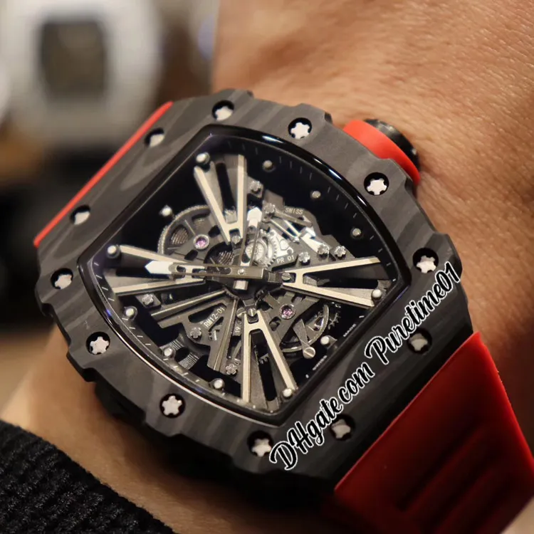 2022 Автоматические мужские часы Miyota из углеродного волокна, полностью черный скелетонизированный циферблат, красный резиновый ремешок Super Edition Puretime01 1201D4281l