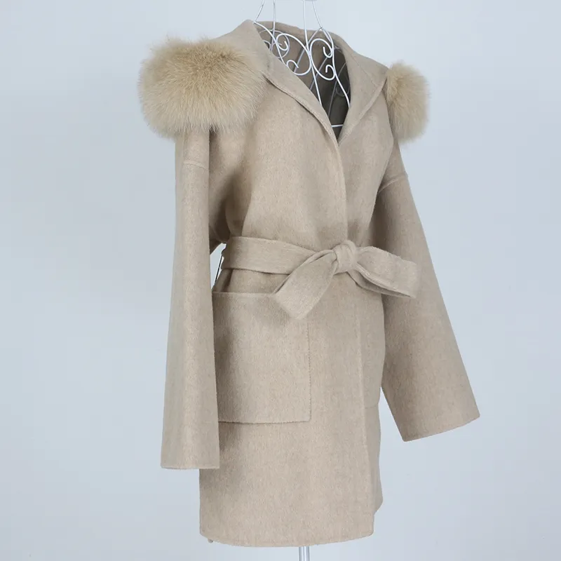 Oftbuy nieuwe oversized losse kasjmier wolmengsels echte bont jas winterjas vrouwen natuurlijke bont kraagkap bovenkleding riem 201112