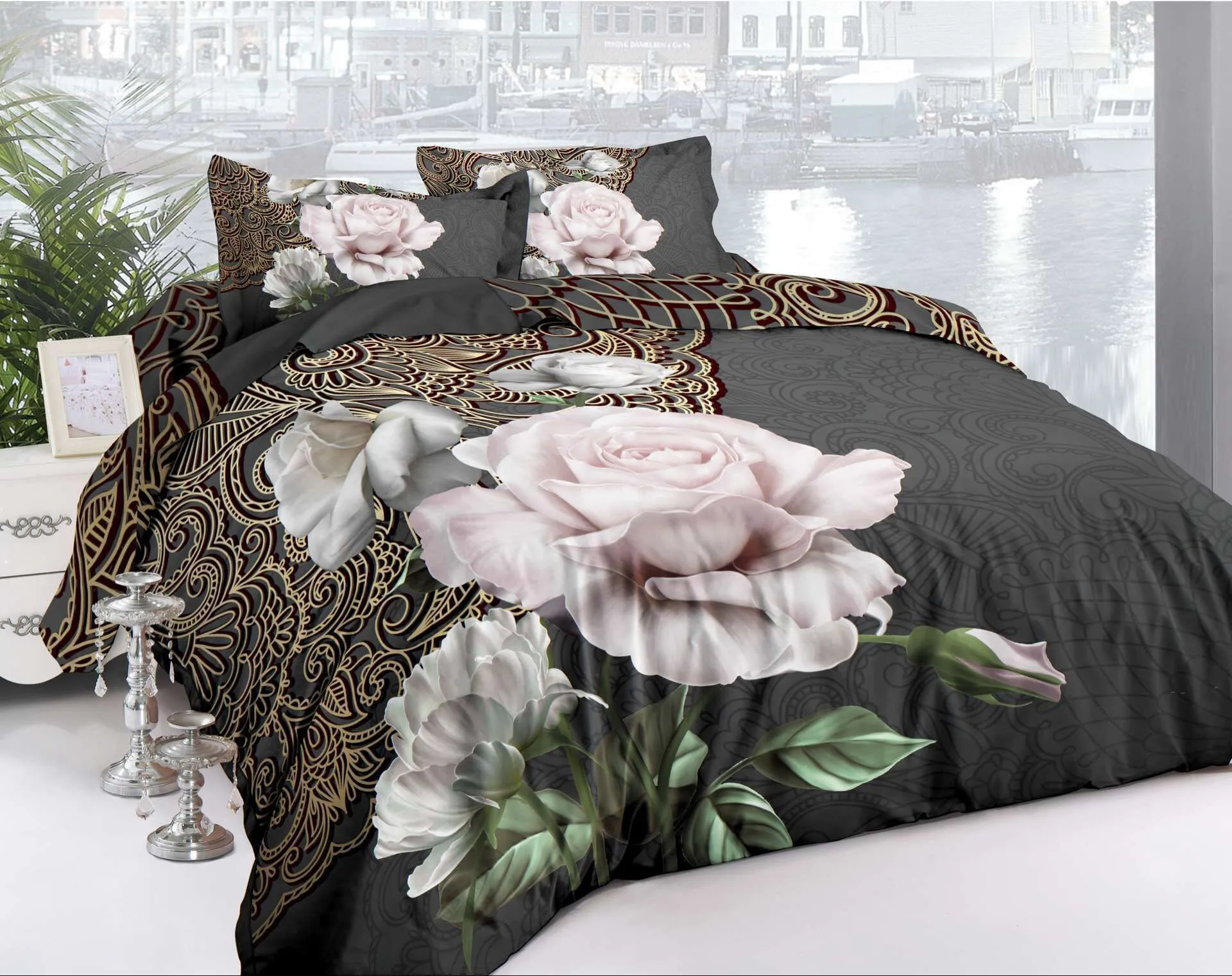 King Size Luxury 3D Rose Bedding SetS Biancheria da letto di colore rosso Copripiumino Set Lenzuolo da sposa Tigre / Delfino / Panda50 201021