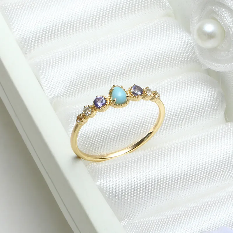 LAMOON 925 Sterling Silver Ring For Women Sea Pattern Larimar Tanzanite White Topaz Gemstone Gold Plated Fine Jewelry LMRI144 2011194e