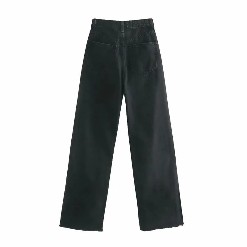 XNWMNZ Za damesmode hoge taille wijde pijpen volledige lengte jeans Vintage vervaagde naadloze zomen Hoge taille Ritsknop Denim Dames 220216