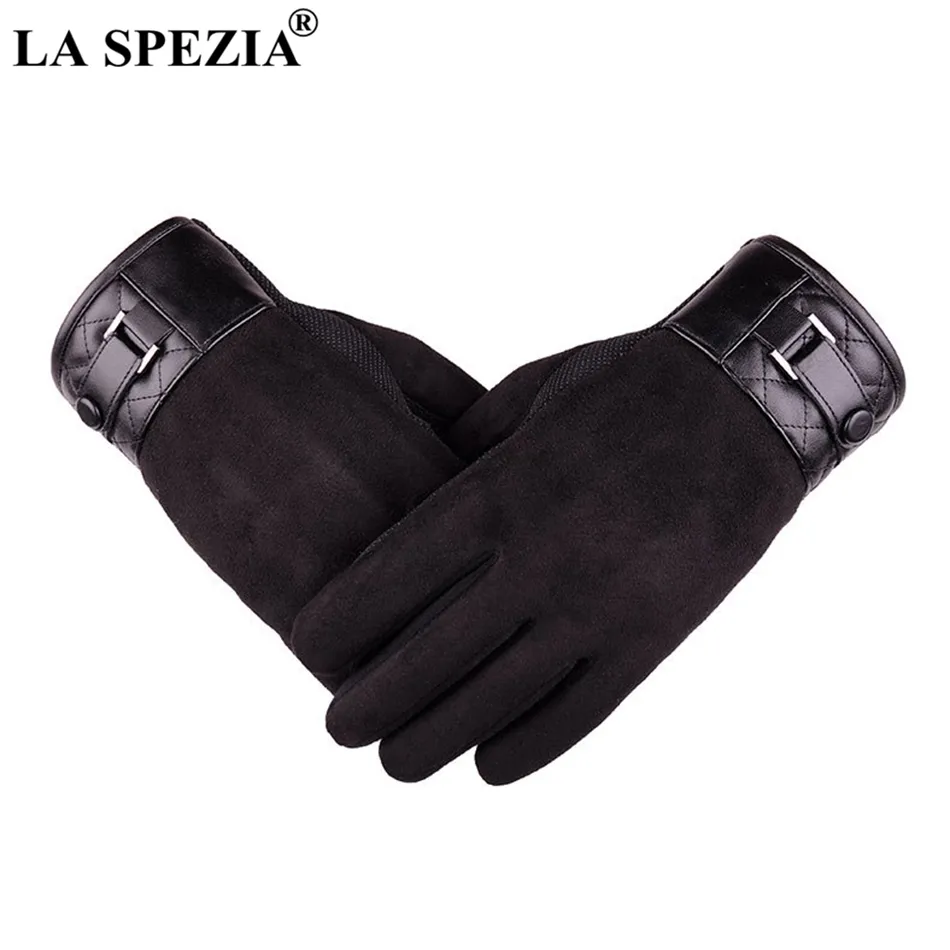 La Spezia Mens Suede Gloves Pekskärm Male Navy Blue Velvet Gloves Thermal Solid Patchwork Leather Autumn Winter Mantens Men 20302Q