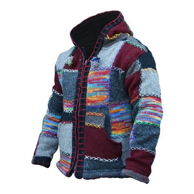 Laamei Vintage Kardigan Swetry Kurtka Mężczyźni Jesień Patchwork Knit Ethnic Styl Outwear Patch Bluzy Płaszcz Sweter 201211