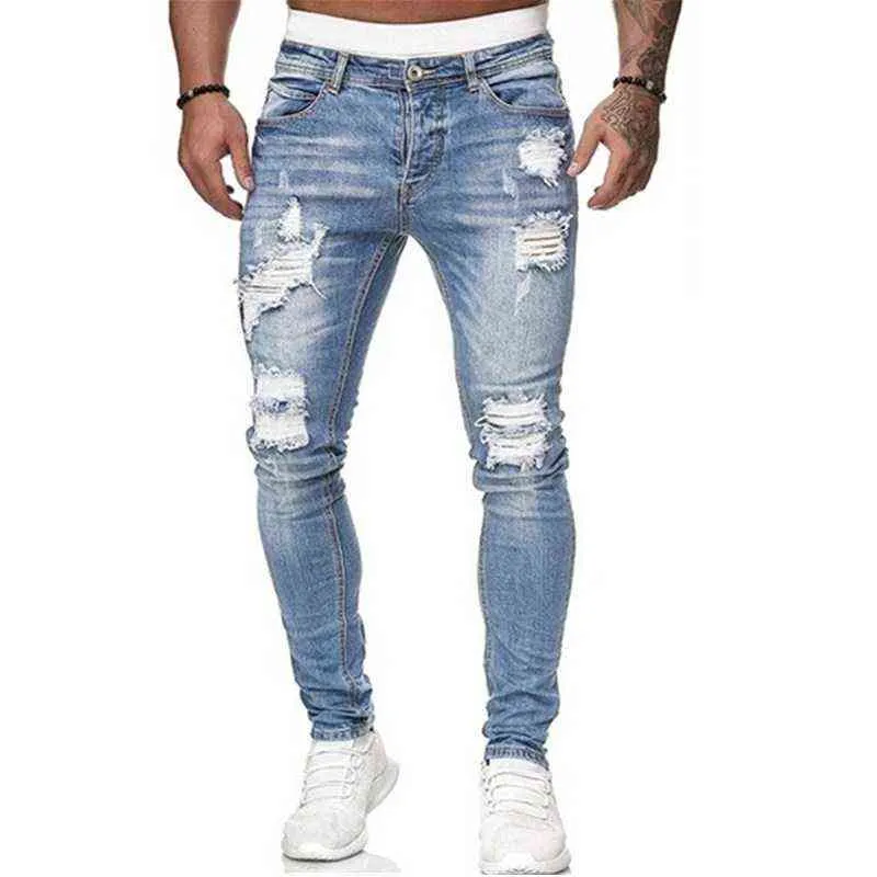 Dżinsy Mężczyźni rozryte chude dżinsy niebieskie spodnie ołówkowe motocykl impreza swobodne spodnie uliczne odzież 2021 Denim Man Clothin G0104190a