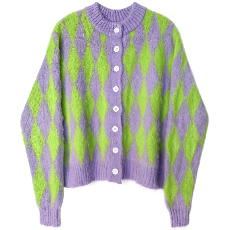 Lilac och Green Argyle Mohair Cardigan med knapp Fram Långärmad Crew Neck Knit Top Kvinnors Cardigan Sweater / 201029