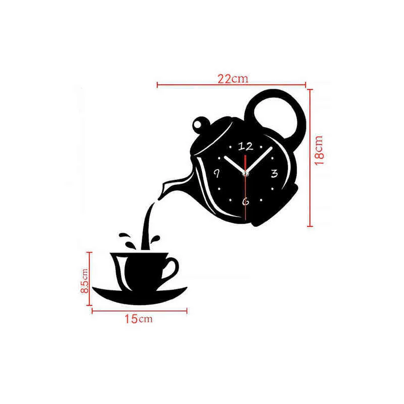 Bricolage 3D horloge murale acrylique tasse à café théière décorative cuisine horloge murale salon salle à manger décoration de la maison horloge H1230