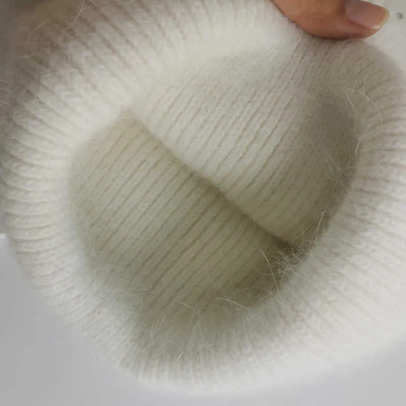 Chapéus de inverno de pele de coelho real para mulheres moda sólido gorro de feijão ao ar livre chapéu de malha quente cashmere lã macia fofa 211229