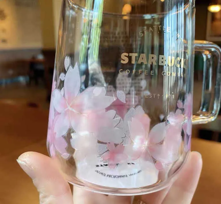 La taza de café de cristal más reciente de 12oz Starbucks, taza de agua de cambio de polvo suave de cerezo, caja de agua de caja separada, soporte personalizado43v0