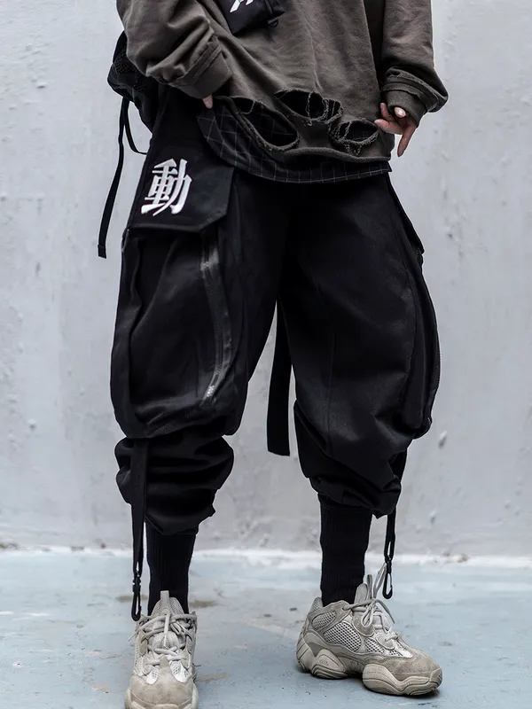 Japanska streetwear techwear lastbyxor för män baggy wide ben svart jogger 220217