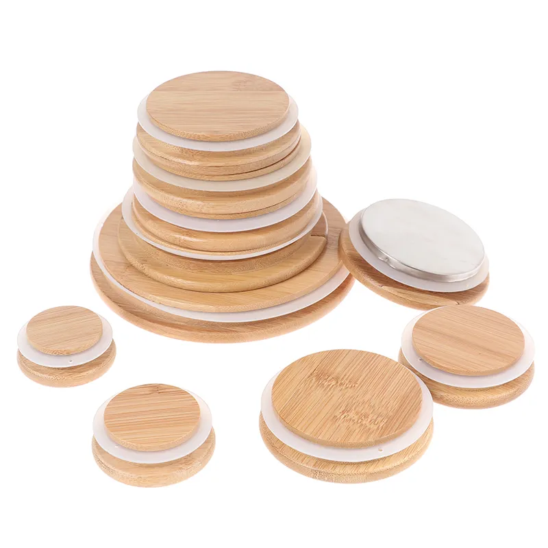 Bamboo Lids Reusable Mason Jar Canning Caps Non Leakage Silicone Sealing Wooden Covers Drinking Jar Supplies