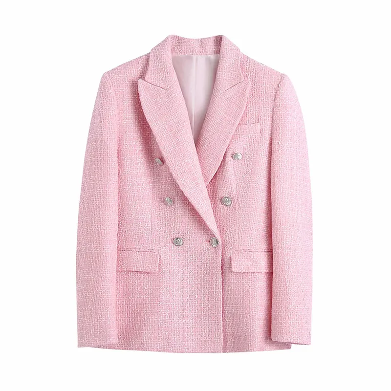 Xeasy kvinnor tvådelar set rosa tweed vintage office lady double breasted blazer kvinnlig smal hög midja culottes kjol kostym 220221