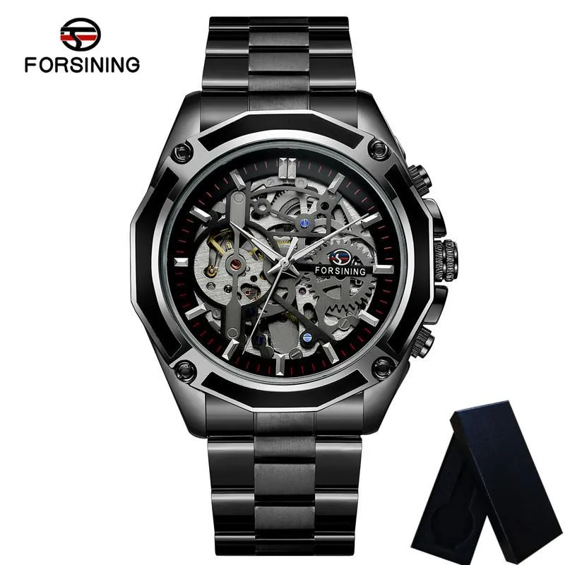 Forsining أوتوماتيكية للرجال الميكانيكيون Wristwatch Military Malk Clock Top Brand Luxury Black Steel Skeleton New Man Watch 8130 Y258p